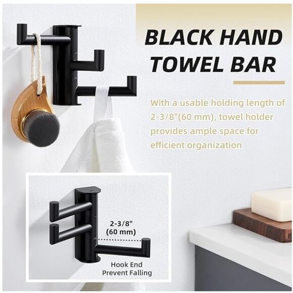 Swivel Stainless Steel Foldable Towel Hook with Multi Three Rotating Arm- Black - Picture 5 of 6